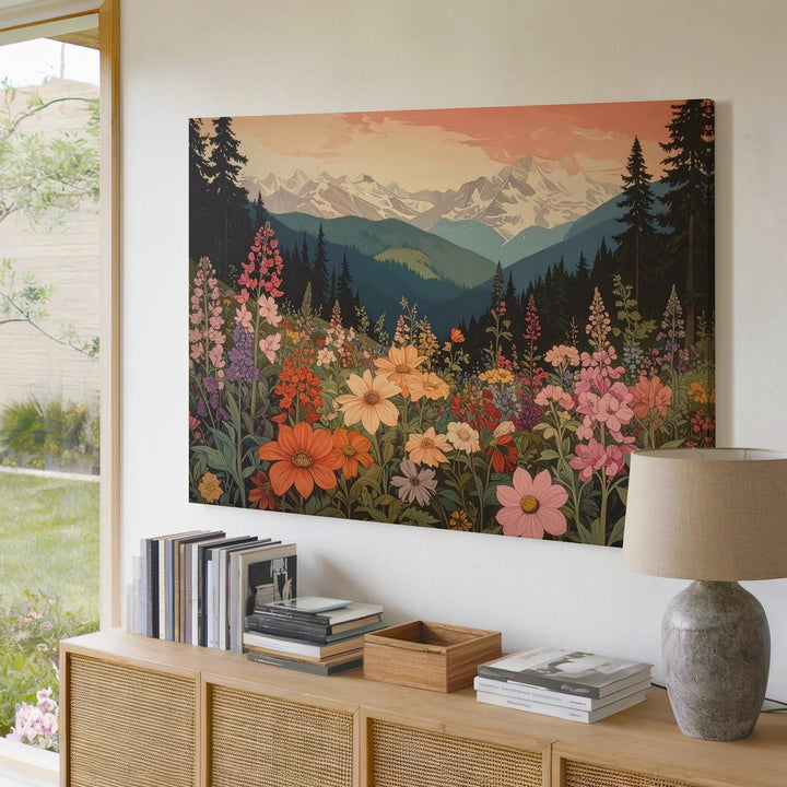Blooming Alpine Vista Canvas – Vibrant Wildflower & Mountain Landscape Art - Gifitto