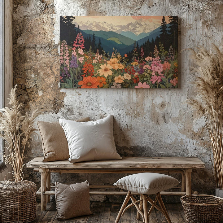 Blooming Alpine Vista Canvas – Vibrant Wildflower & Mountain Landscape Art - Gifitto
