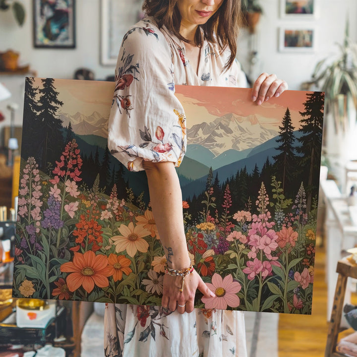 Blooming Alpine Vista Canvas – Vibrant Wildflower & Mountain Landscape Art - Gifitto