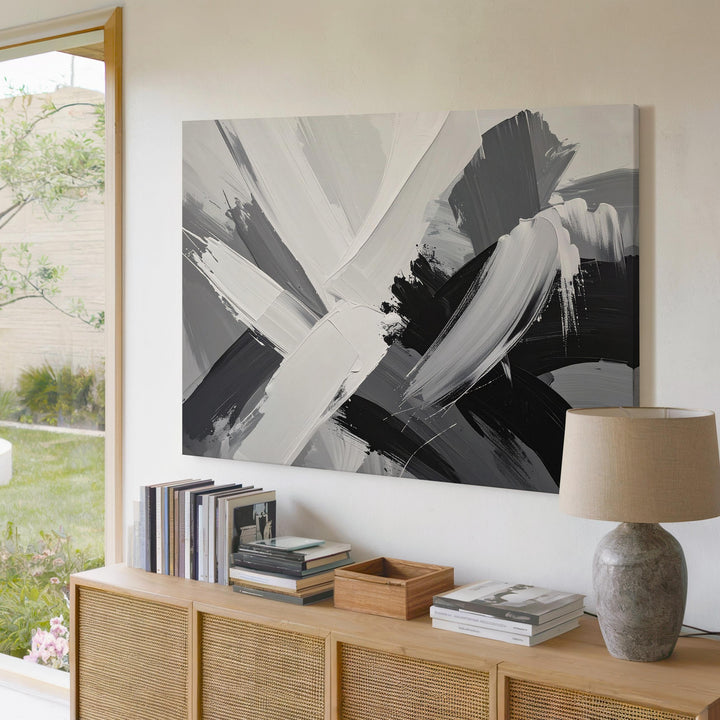 Intersecting Forces Canvas – Grayscale Abstract Brushstroke Art - Gifitto