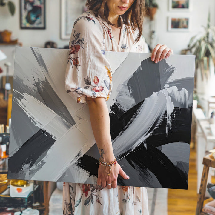 Intersecting Forces Canvas – Grayscale Abstract Brushstroke Art - Gifitto