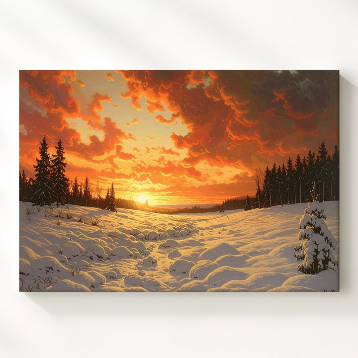 Winter Ember Horizon Canvas – Sunset Over Snowy Field Landscape - Gifitto