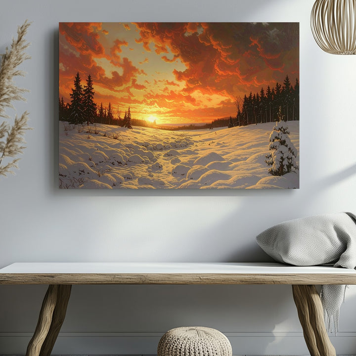 Winter Ember Horizon Canvas – Sunset Over Snowy Field Landscape - Gifitto
