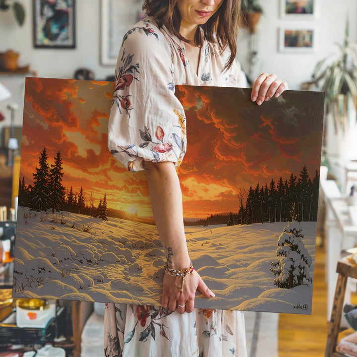 Winter Ember Horizon Canvas – Sunset Over Snowy Field Landscape - Gifitto
