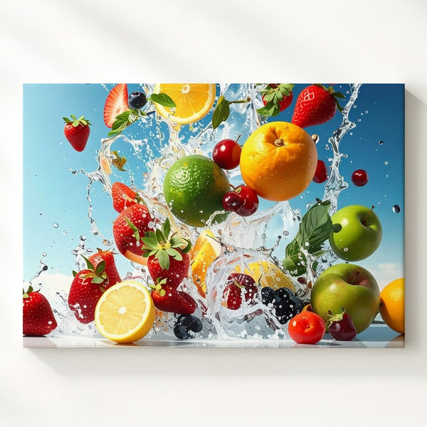 Fresh Burst Fruit Splash Canvas – High-Speed Water & Ice Explosion Art - Gifitto