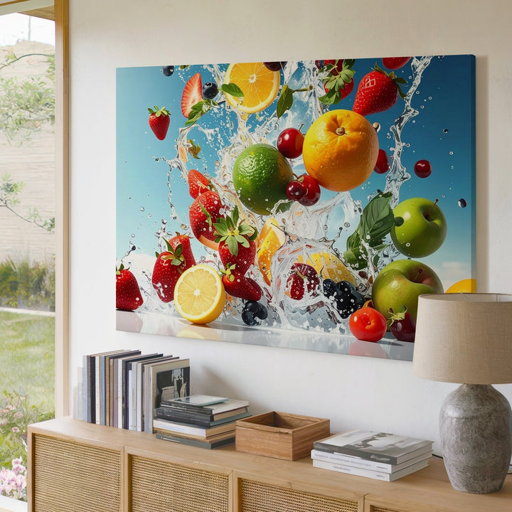 Fresh Burst Fruit Splash Canvas – High-Speed Water & Ice Explosion Art - Gifitto
