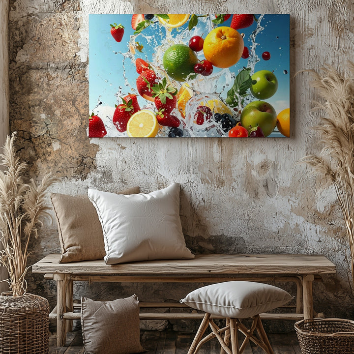 Fresh Burst Fruit Splash Canvas – High-Speed Water & Ice Explosion Art - Gifitto