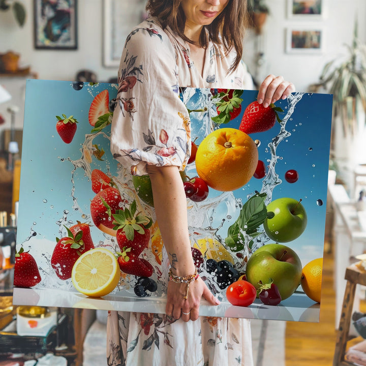 Fresh Burst Fruit Splash Canvas – High-Speed Water & Ice Explosion Art - Gifitto