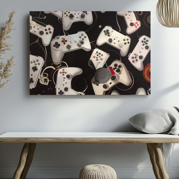 Minimalist Game Controller Canvas – Black & White Gaming Pattern Wall Art - Gifitto