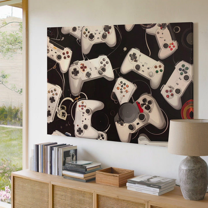 Minimalist Game Controller Canvas – Black & White Gaming Pattern Wall Art - Gifitto