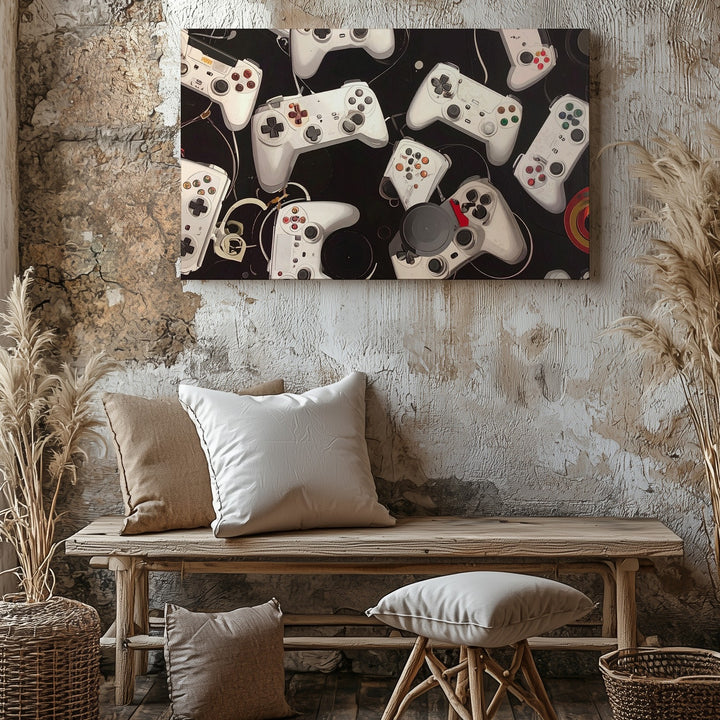 Minimalist Game Controller Canvas – Black & White Gaming Pattern Wall Art - Gifitto