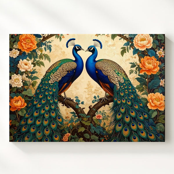 Royal Peacocks in Bloom Canvas – Symmetrical Exotic Romance Wall Art - Gifitto