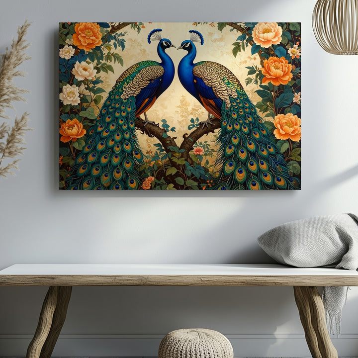 Royal Peacocks in Bloom Canvas – Symmetrical Exotic Romance Wall Art - Gifitto