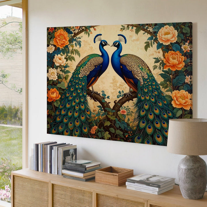 Royal Peacocks in Bloom Canvas – Symmetrical Exotic Romance Wall Art - Gifitto
