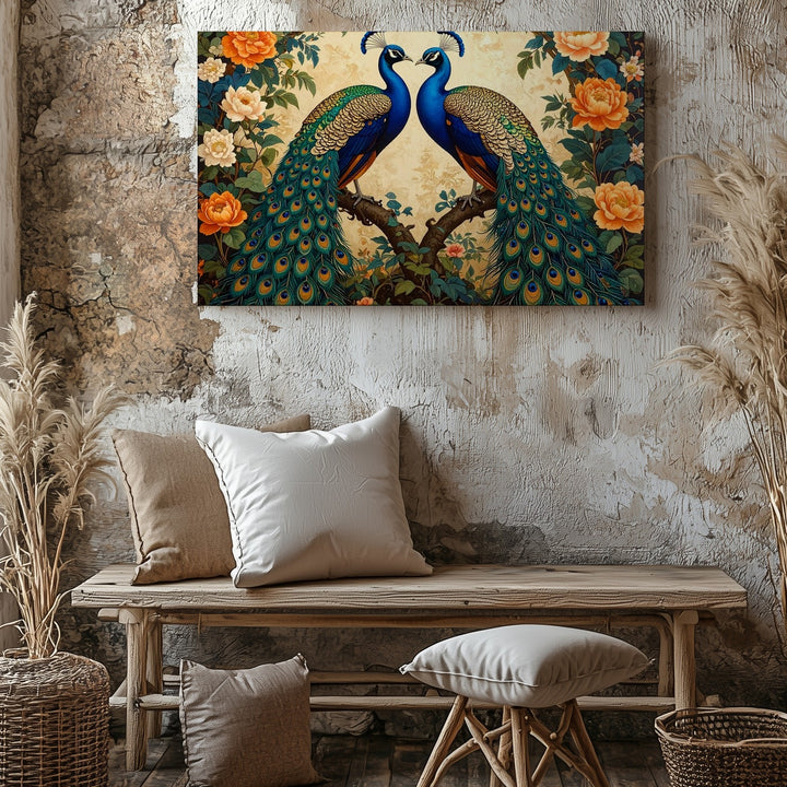Royal Peacocks in Bloom Canvas – Symmetrical Exotic Romance Wall Art - Gifitto