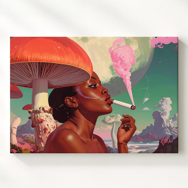 Psychedelic Smoke & Mushrooms Canvas – Surreal Retro-Futuristic Woman Wall Art - Gifitto