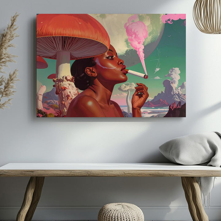 Psychedelic Smoke & Mushrooms Canvas – Surreal Retro-Futuristic Woman Wall Art - Gifitto