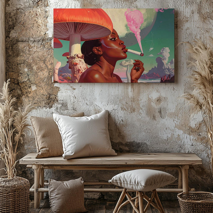 Psychedelic Smoke & Mushrooms Canvas – Surreal Retro-Futuristic Woman Wall Art - Gifitto