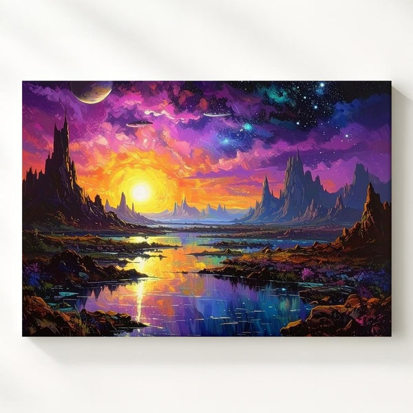 Futuristic Alien City Canvas – Cosmic Skyscrapers and Vibrant Purple Sky - Gifitto