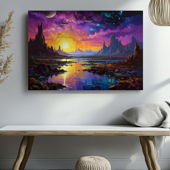 Futuristic Alien City Canvas – Cosmic Skyscrapers and Vibrant Purple Sky - Gifitto
