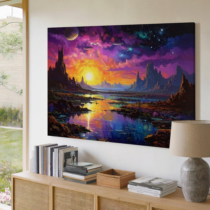 Futuristic Alien City Canvas – Cosmic Skyscrapers and Vibrant Purple Sky - Gifitto