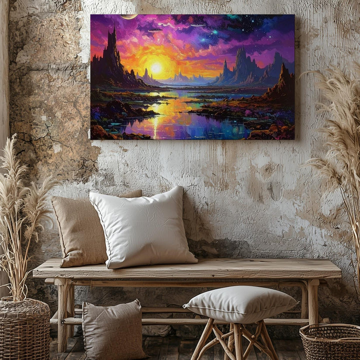 Futuristic Alien City Canvas – Cosmic Skyscrapers and Vibrant Purple Sky - Gifitto