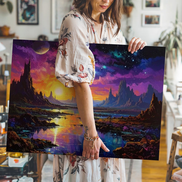 Futuristic Alien City Canvas – Cosmic Skyscrapers and Vibrant Purple Sky - Gifitto
