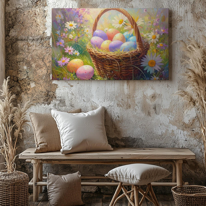 Easter Egg Basket Canvas – Vibrant Springtime Wall Art - Gifitto