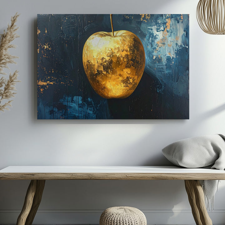Golden Apple Canvas – Minimalist Surreal Fruit Art on Dark Textured Background - Gifitto