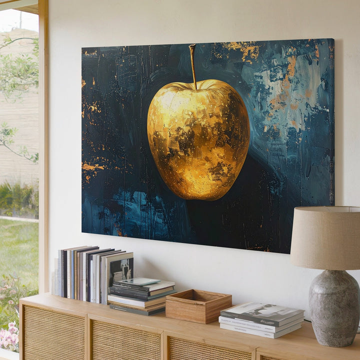 Golden Apple Canvas – Minimalist Surreal Fruit Art on Dark Textured Background - Gifitto