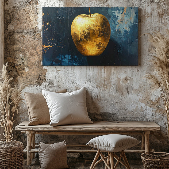 Golden Apple Canvas – Minimalist Surreal Fruit Art on Dark Textured Background - Gifitto
