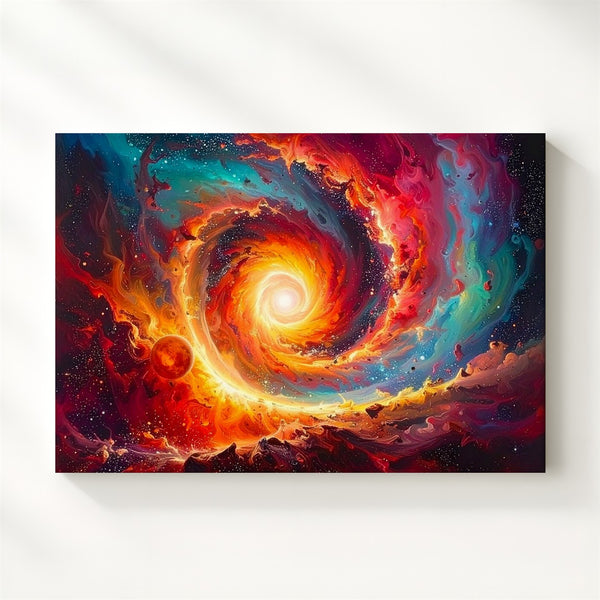Celestial Vortex Canvas – Fiery Nebula Spiral with Red Planet & Blazing Core - Gifitto