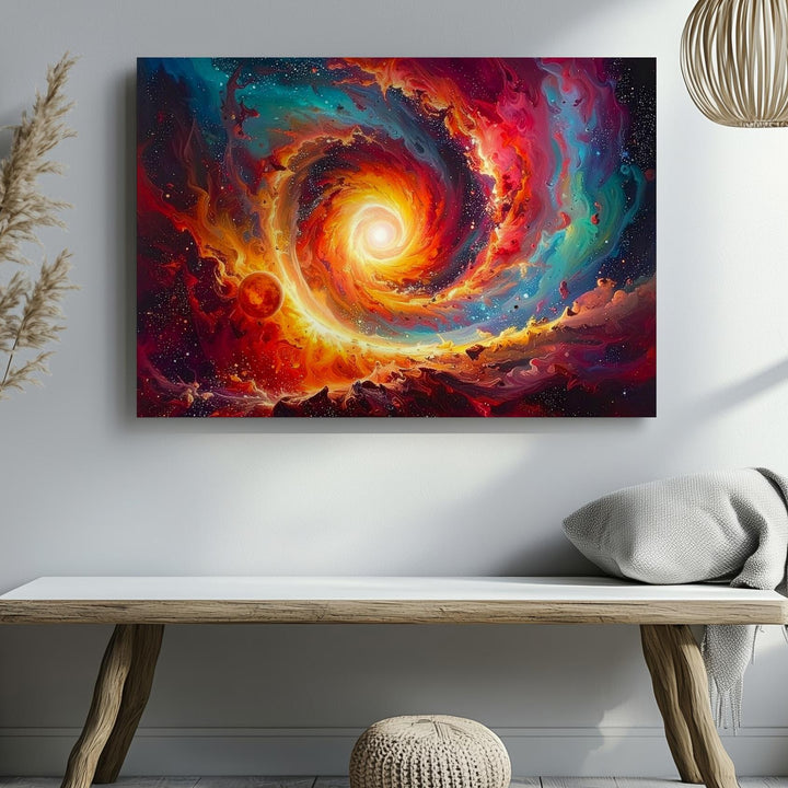 Celestial Vortex Canvas – Fiery Nebula Spiral with Red Planet & Blazing Core - Gifitto