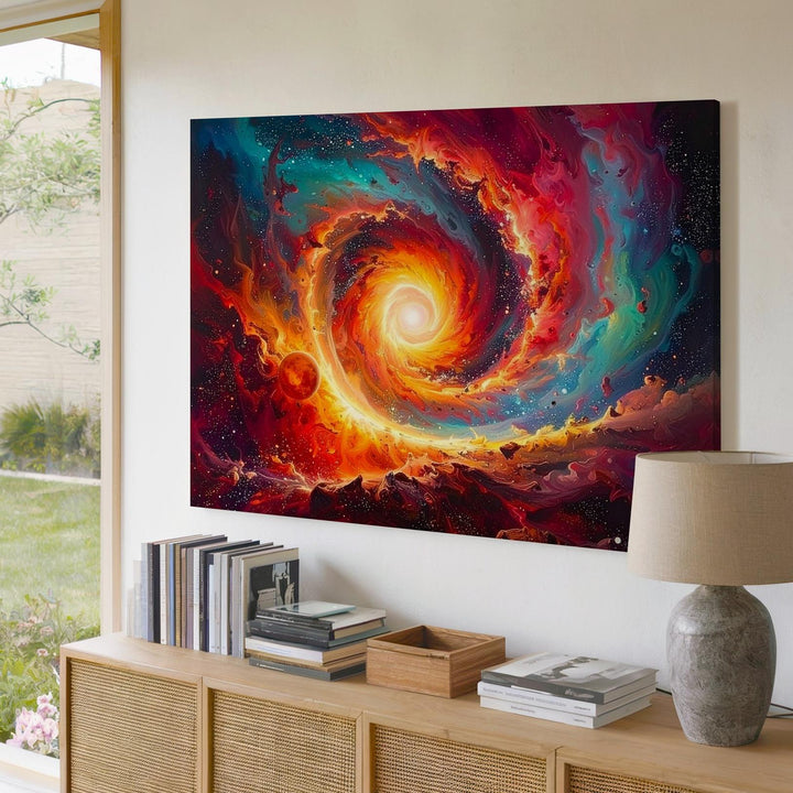 Celestial Vortex Canvas – Fiery Nebula Spiral with Red Planet & Blazing Core - Gifitto