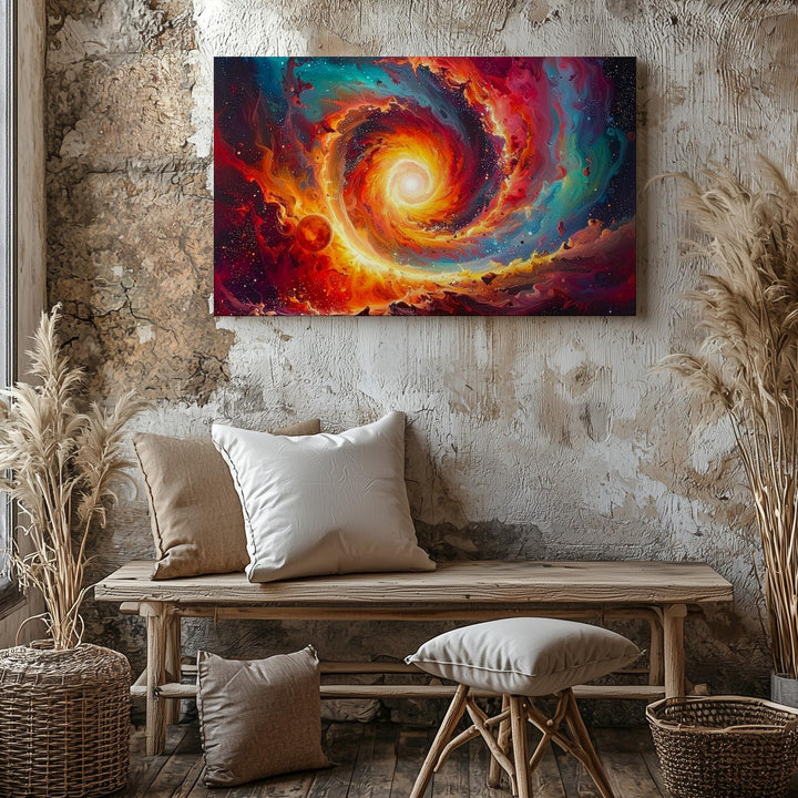Celestial Vortex Canvas – Fiery Nebula Spiral with Red Planet & Blazing Core - Gifitto