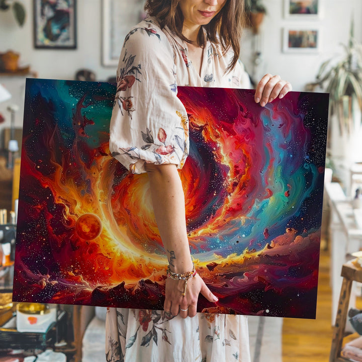 Celestial Vortex Canvas – Fiery Nebula Spiral with Red Planet & Blazing Core - Gifitto