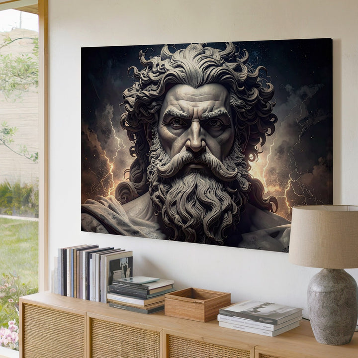 Wrath of the Divine Canvas – Grayscale God Bust with Lightning Energy - Gifitto