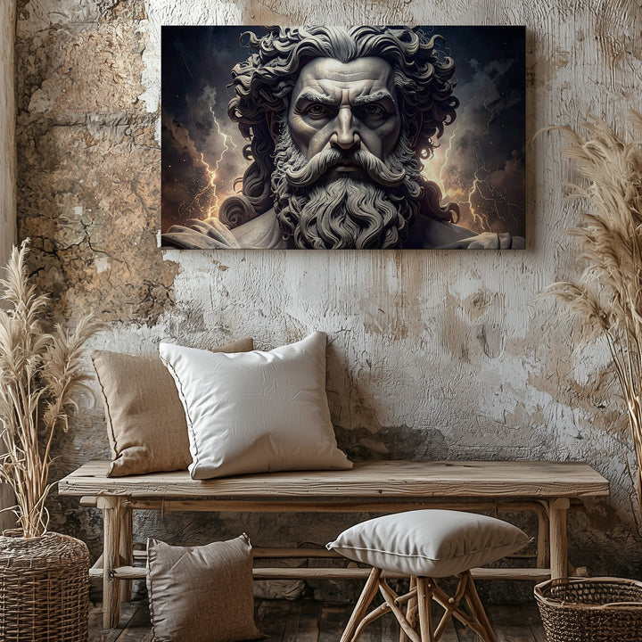 Wrath of the Divine Canvas – Grayscale God Bust with Lightning Energy - Gifitto