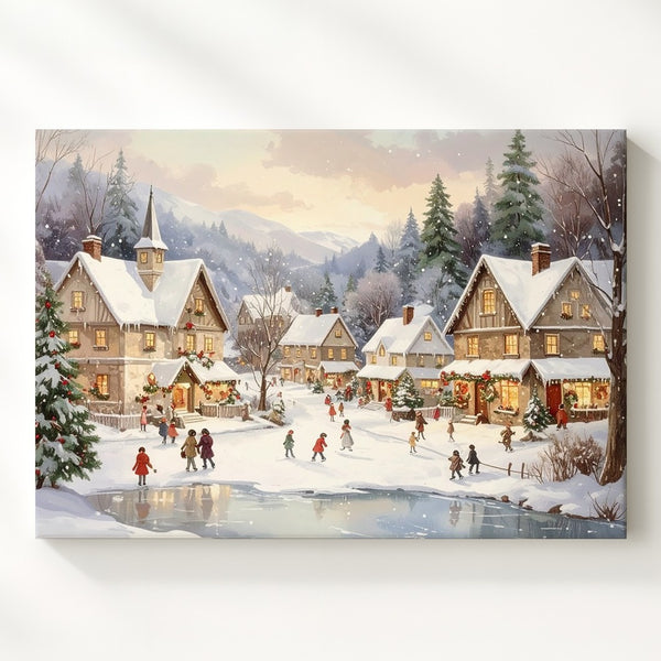 Festive Village Skating Pond Canvas – Storybook Winter Holiday Scene - Gifitto