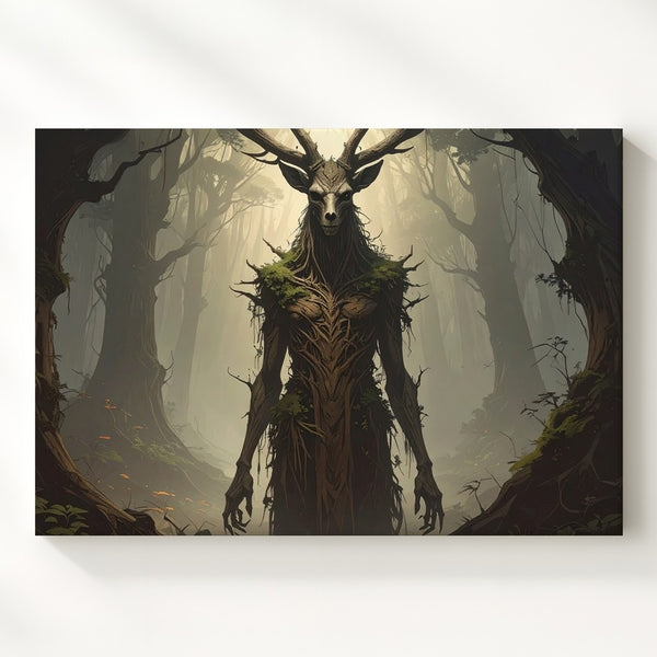 Antlered Forest Guardian Canvas – Dark Folklore Creature Wall Art - Gifitto