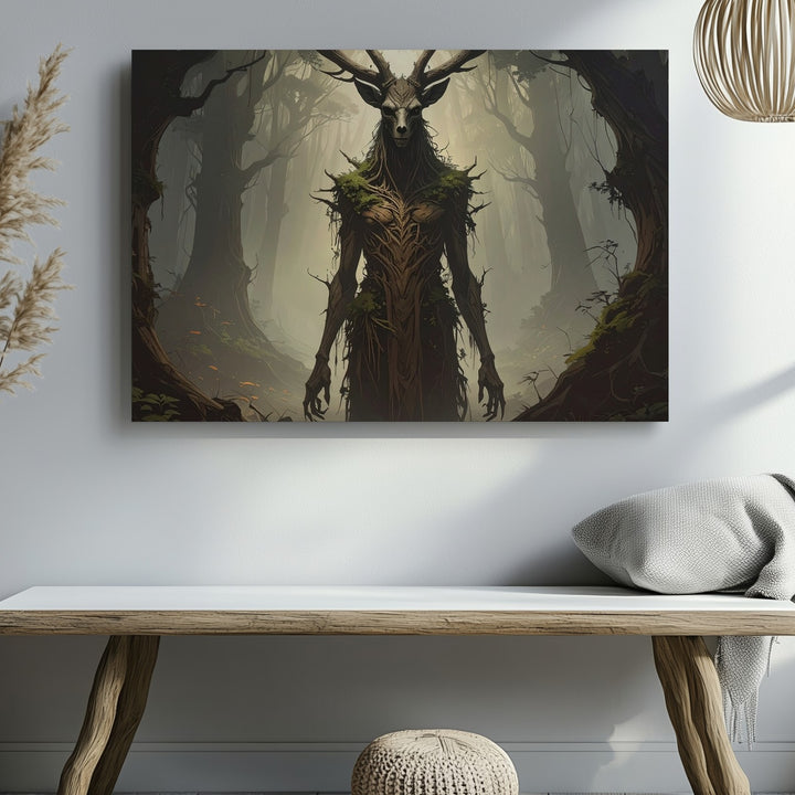 Antlered Forest Guardian Canvas – Dark Folklore Creature Wall Art - Gifitto
