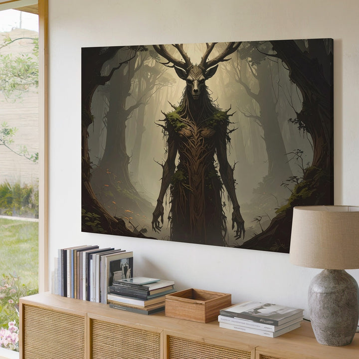 Antlered Forest Guardian Canvas – Dark Folklore Creature Wall Art - Gifitto