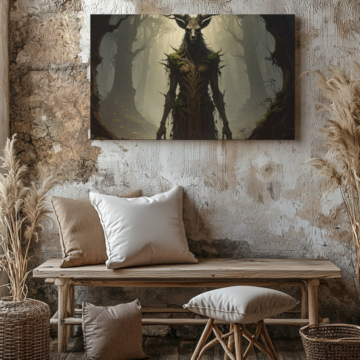 Antlered Forest Guardian Canvas – Dark Folklore Creature Wall Art - Gifitto