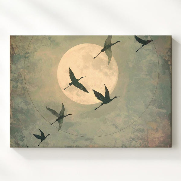 Moonflight Silence Canvas – Minimalist Birds & Full Moon Wall Art - Gifitto