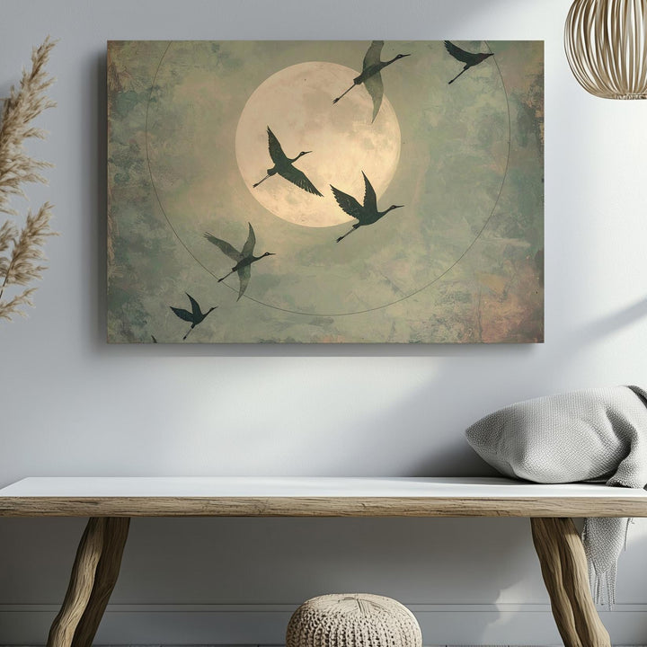 Moonflight Silence Canvas – Minimalist Birds & Full Moon Wall Art - Gifitto