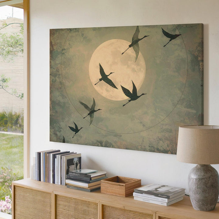 Moonflight Silence Canvas – Minimalist Birds & Full Moon Wall Art - Gifitto