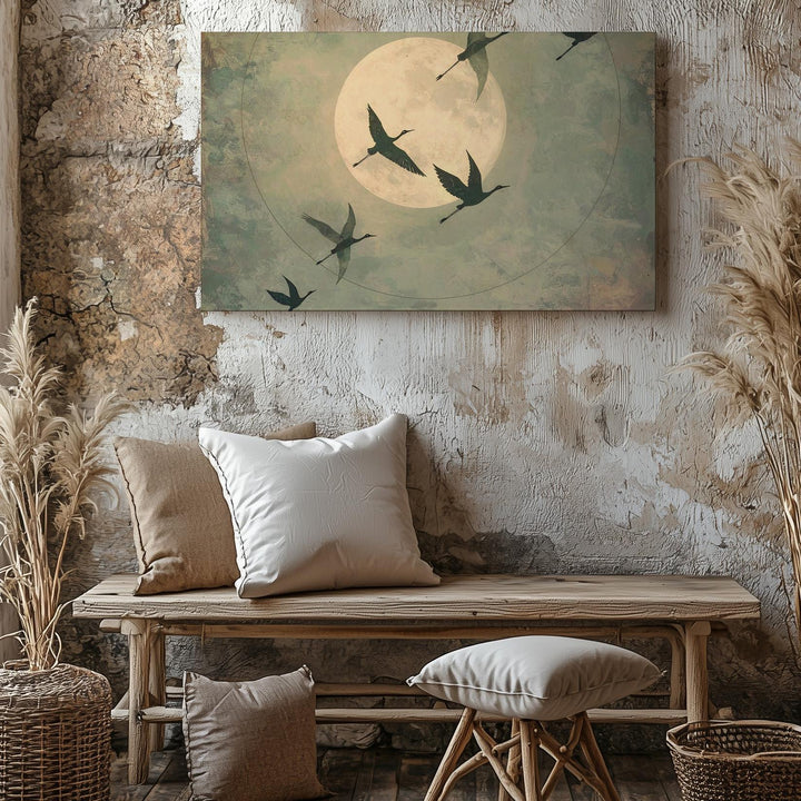 Moonflight Silence Canvas – Minimalist Birds & Full Moon Wall Art - Gifitto