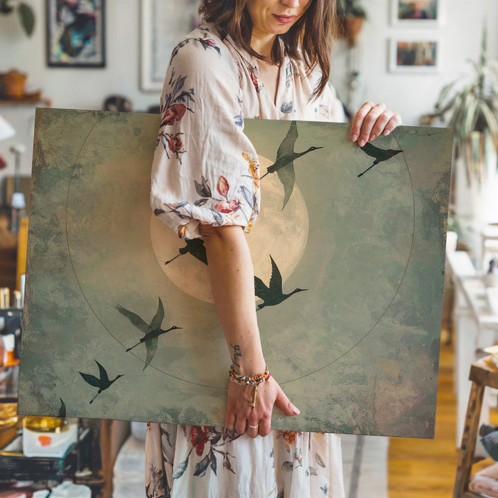 Moonflight Silence Canvas – Minimalist Birds & Full Moon Wall Art - Gifitto