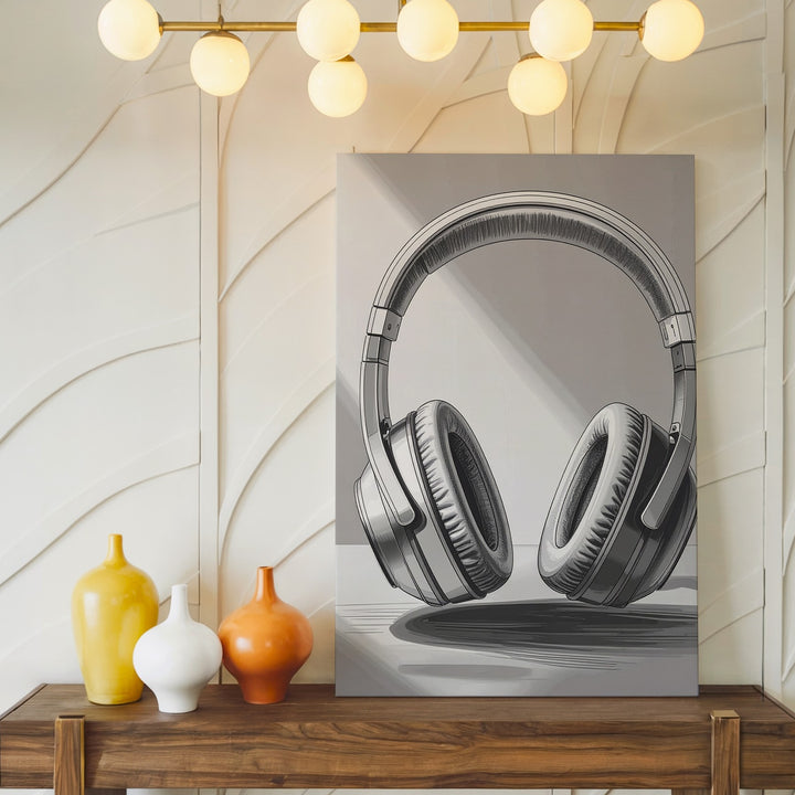 Sketch Sound Canvas – Minimalist Grayscale Headphone Illustration - Gifitto
