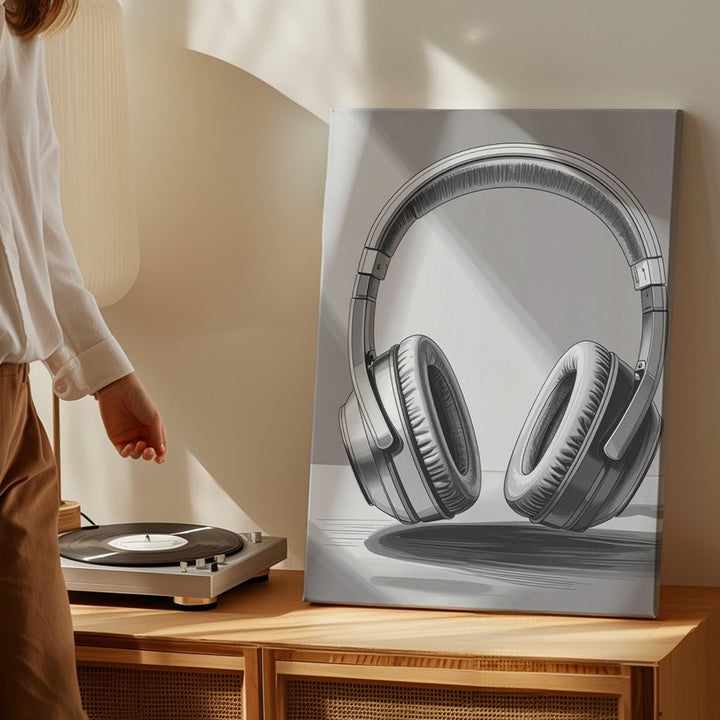 Sketch Sound Canvas – Minimalist Grayscale Headphone Illustration - Gifitto